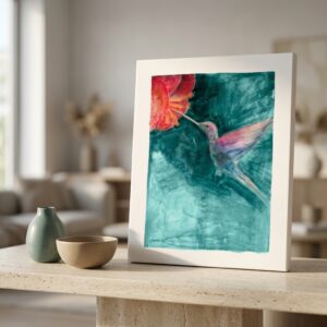 Hummingbird on teal canvas print, no frame on a kitchen table